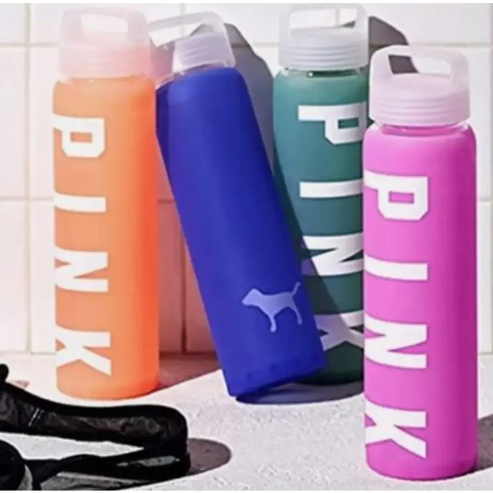 VS Pink Glass Water Bottle Silicon Blue 20 Oz.